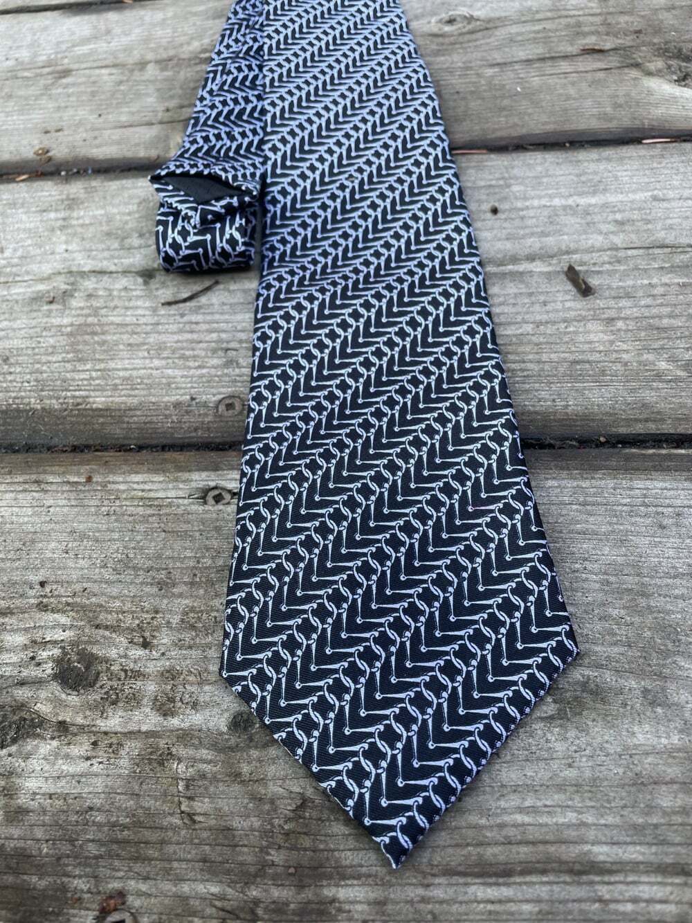 Hermes Paris Silk Tie Geometric Chain Metal Black Gray New